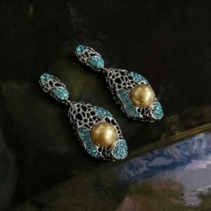 Vintage Palace Style Fashion Gold Bead & Blue Zircon Hollow Drop Earrings
