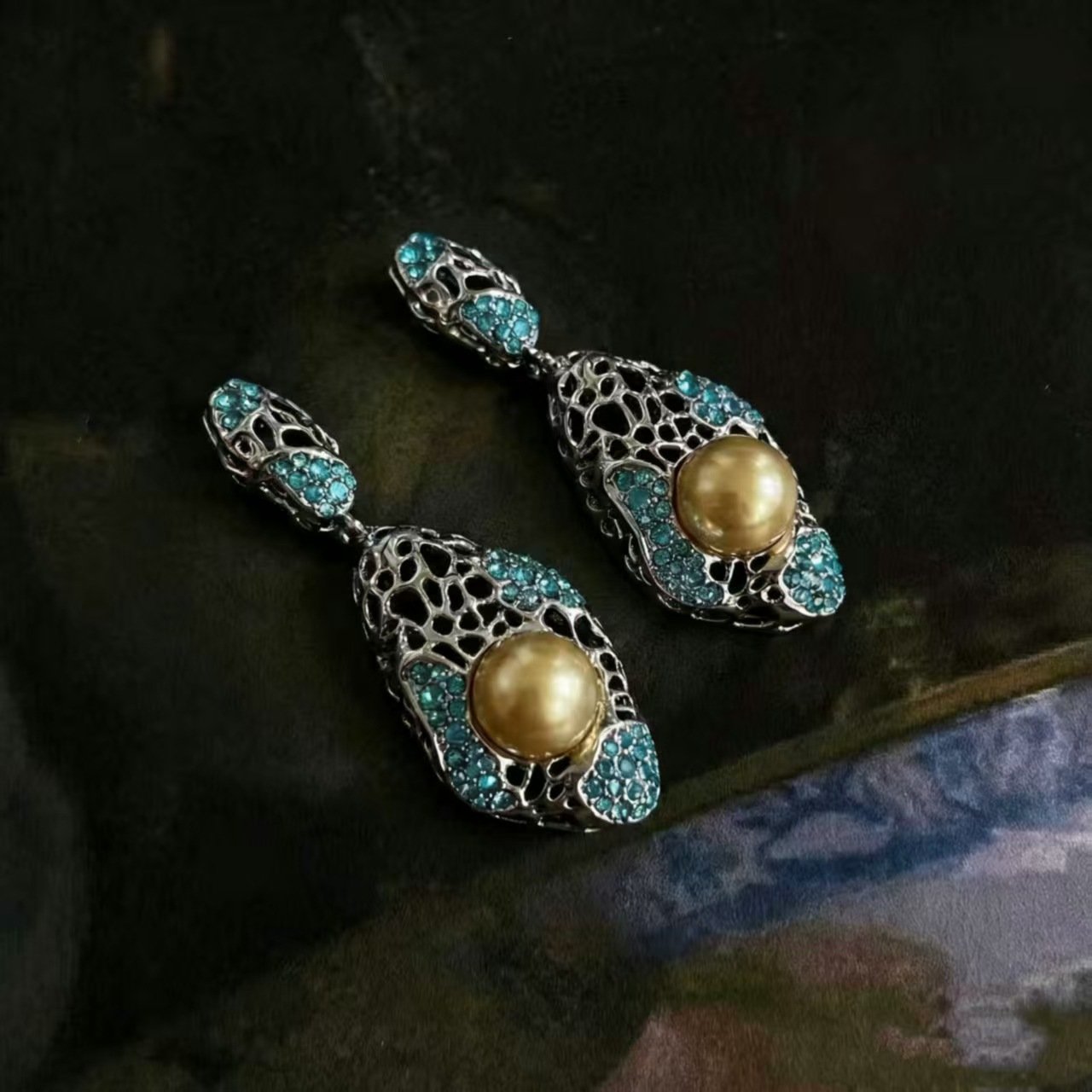 Vintage Palace Style Fashion Gold Bead & Blue Zircon Hollow Drop Earrings - Image 2