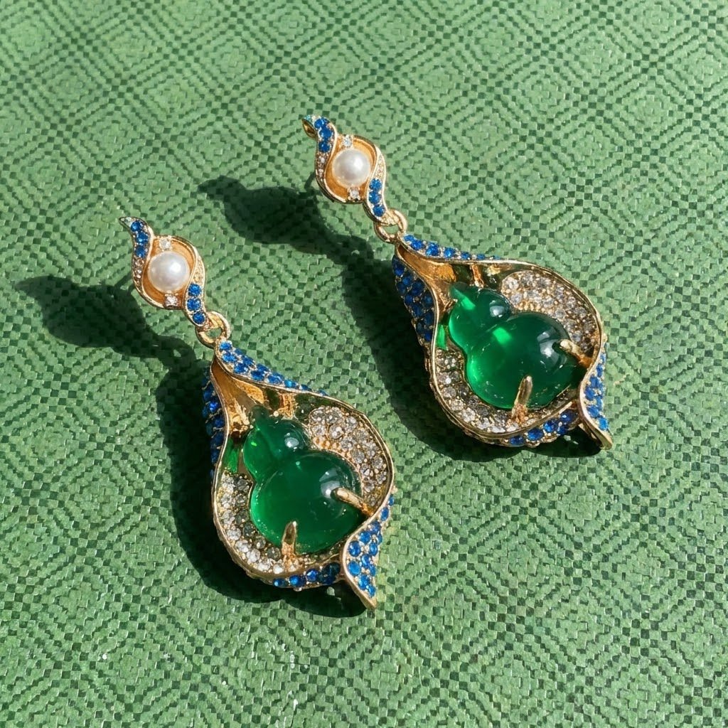 Vintage Eastern Inspired Gourd Drop Glass Earrings - Image 2
