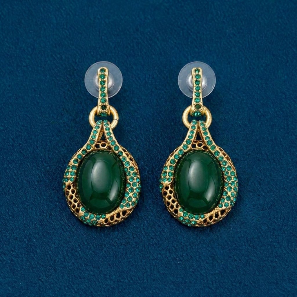 Vintage Eastern Inspired Green Glass Hollow Zircon Jewelry - Image 3