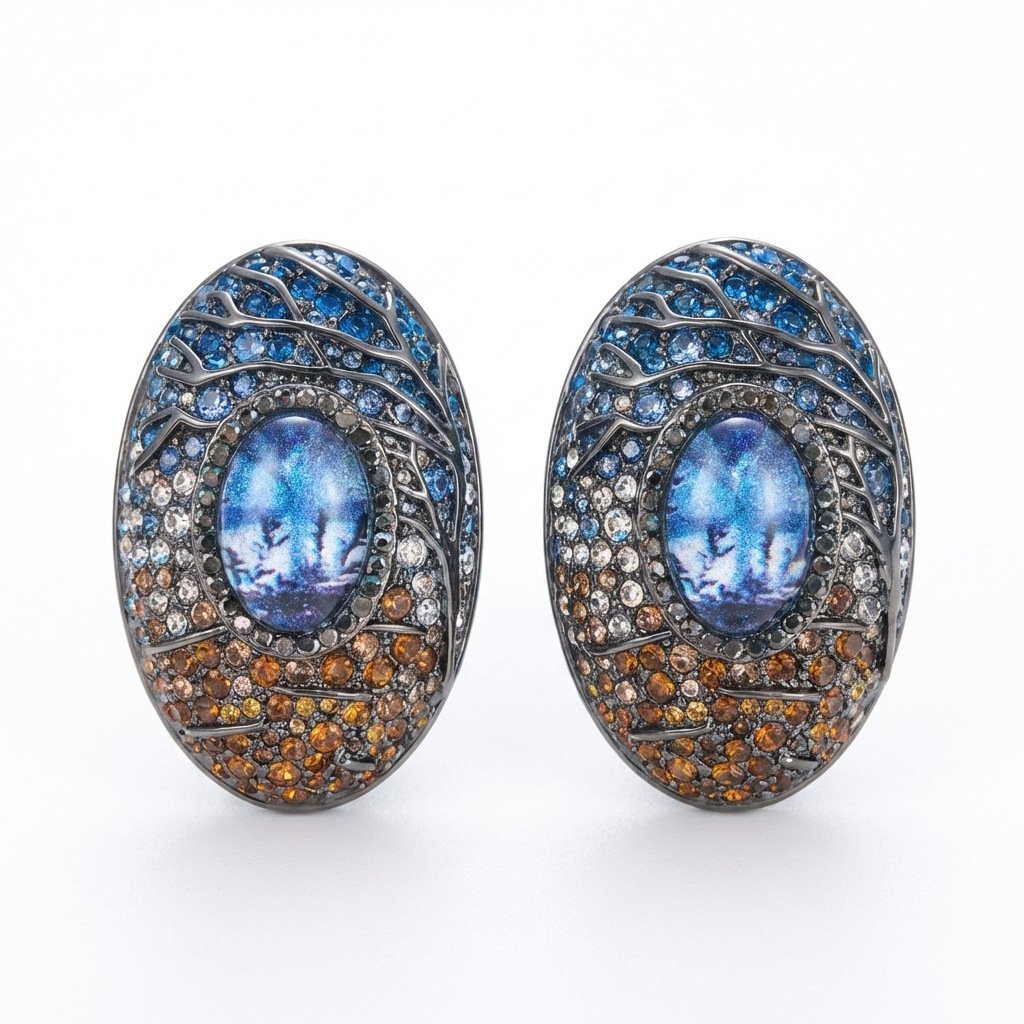 Vintage Unique Design Oval Glass Brooch & Earring Set - Image 5