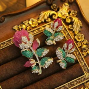 Vintage Palace Style Rose Enamel Brooch & Earring Set