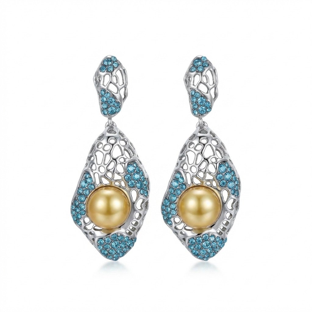 Vintage Palace Style Fashion Gold Bead & Blue Zircon Hollow Drop Earrings - Image 4