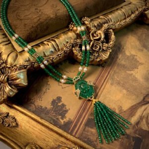 Vintage Eastern Inspired Green Glass Tassel Necklace