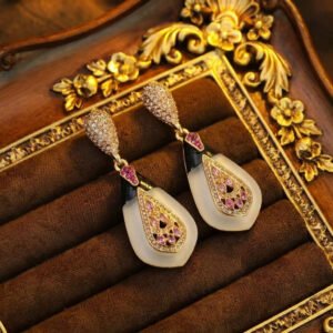 Vintage Palace Style Mother-of-Pearl Pink Stone Teardrop Earrings