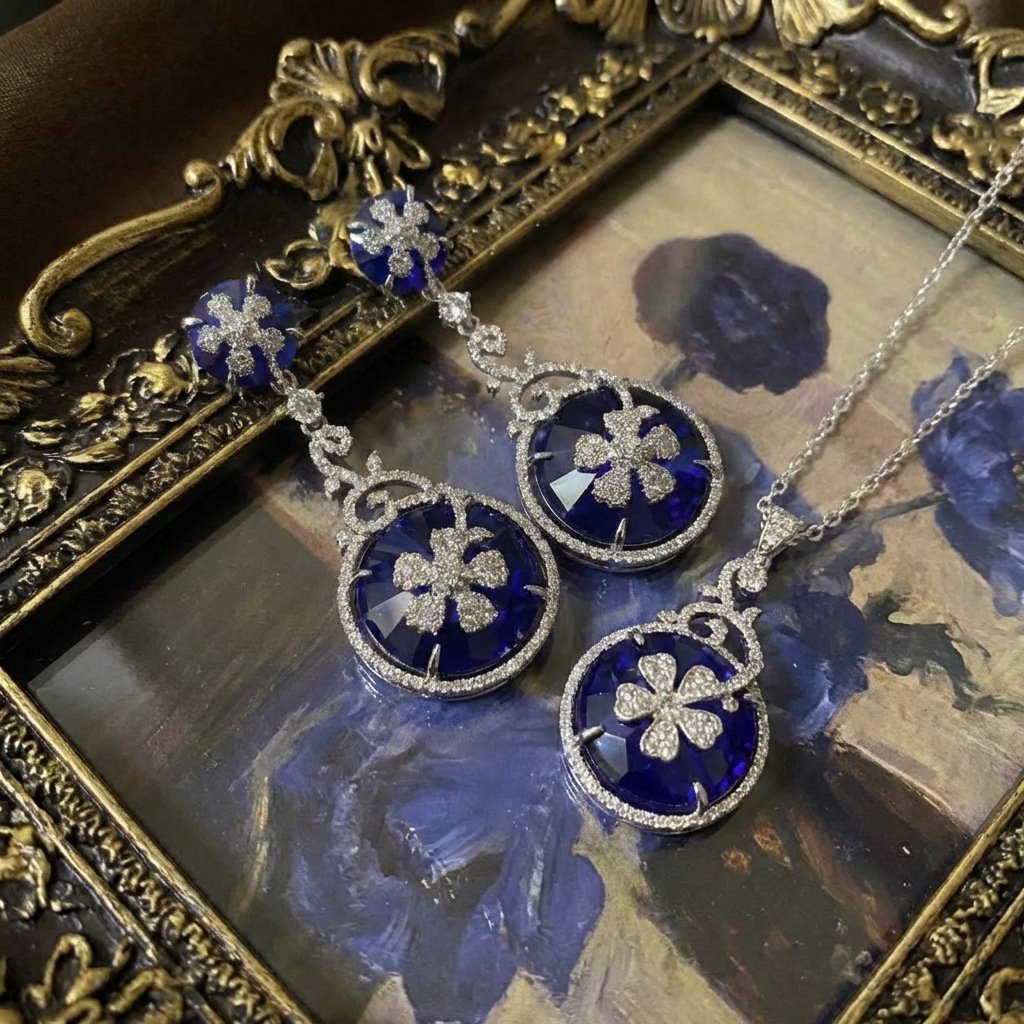 Vintage Blue Glass Four-Leaf Clover Jewelry Set