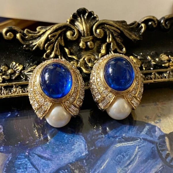 Vintage Palace Style Blue Glass Pearl Clip-On Earrings
