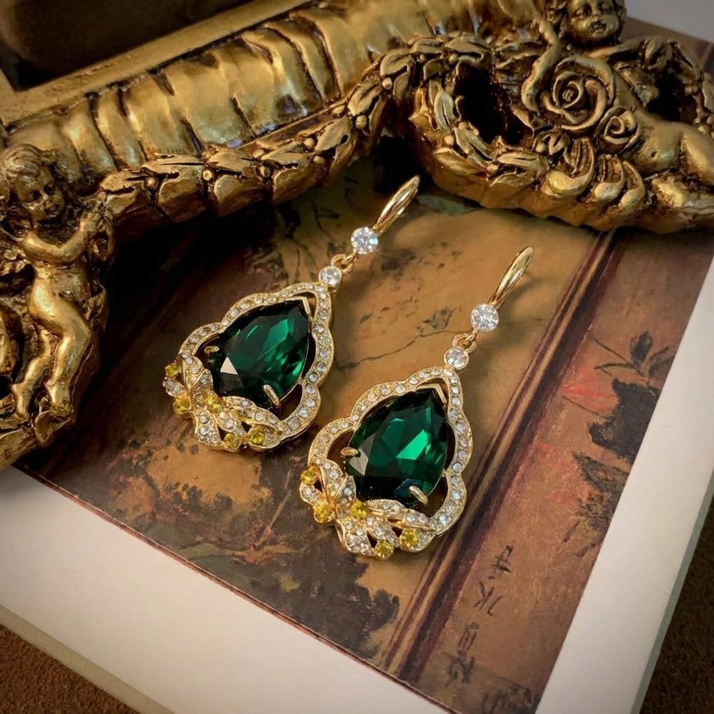 Vintage Eastern Inspired Emerald Green Pearl Necklace & Earring Set - Image 3