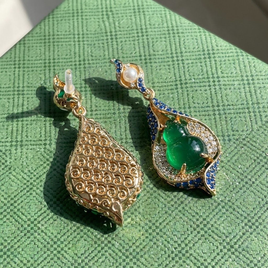 Vintage Eastern Inspired Gourd Drop Glass Earrings - Image 3