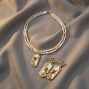 Vintage Eastern Inspired White Resin Glass Pearl Necklace & Earring Set