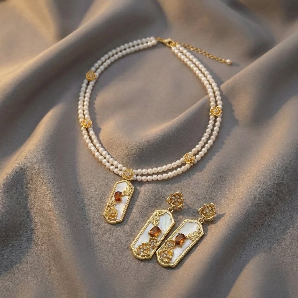 Vintage Eastern Inspired White Resin Glass Pearl Necklace & Earring Set - Image 2