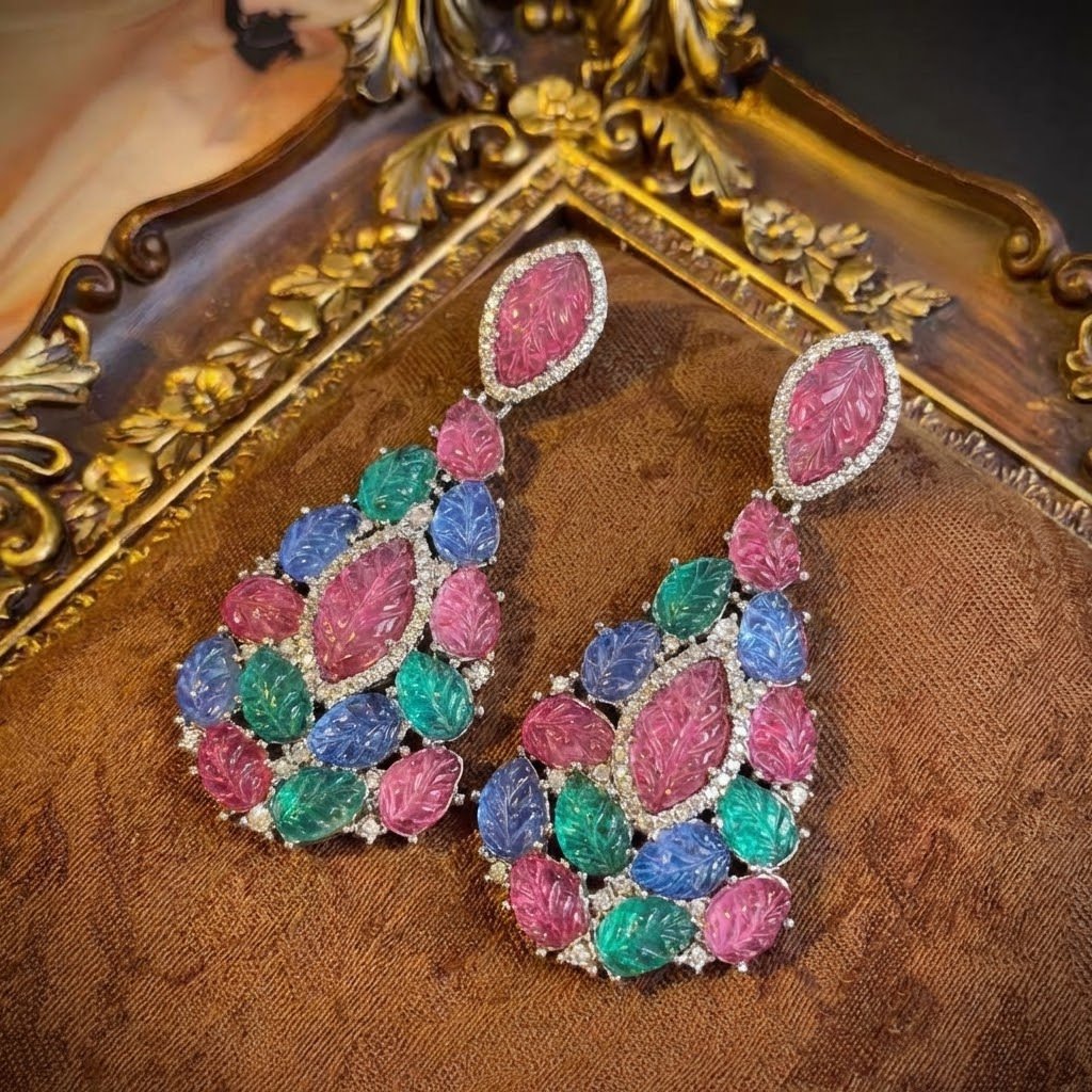 Vintage Palace Style Multi-Stone Carved Leaf Drop Earrings