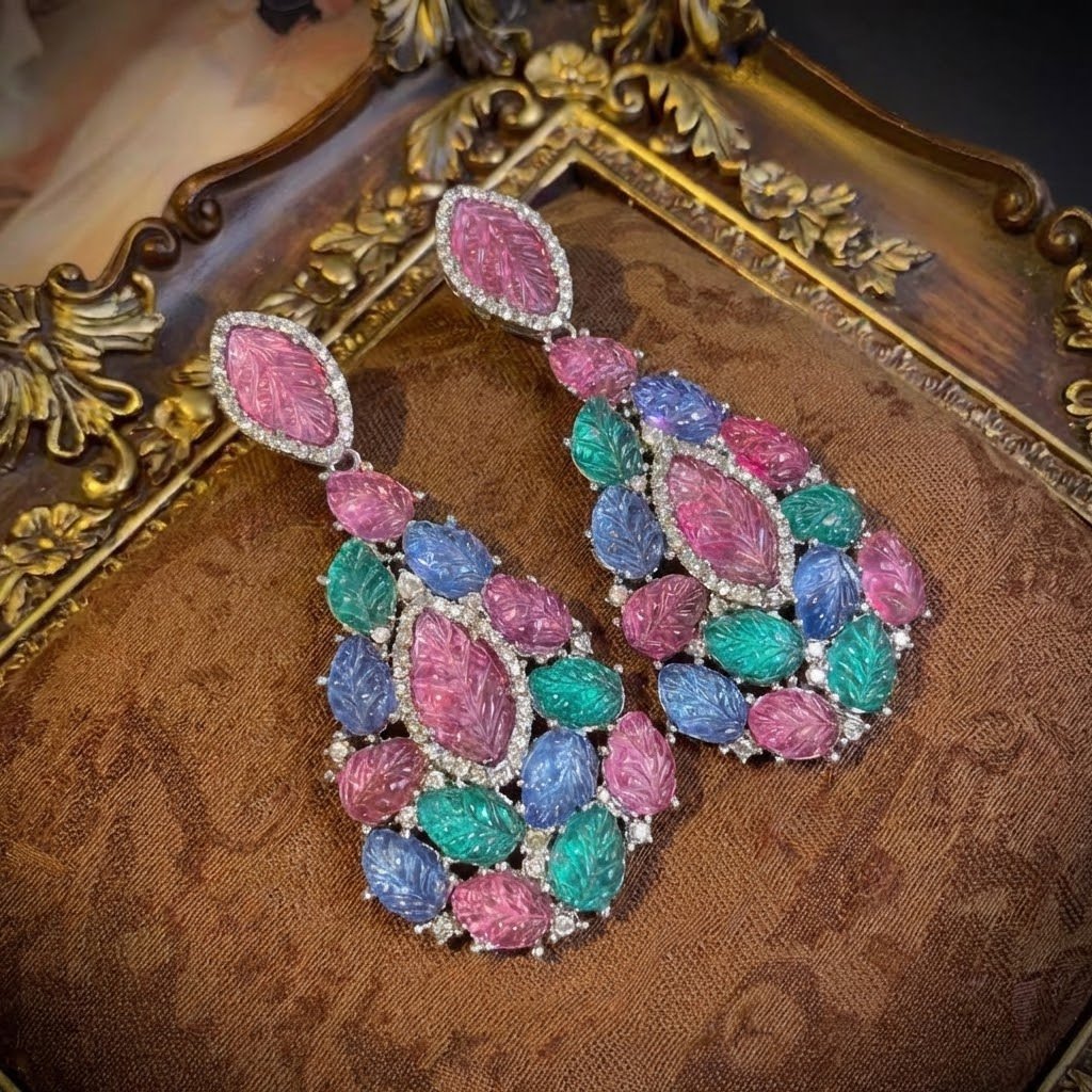 Vintage Palace Style Multi-Stone Carved Leaf Drop Earrings - Image 2