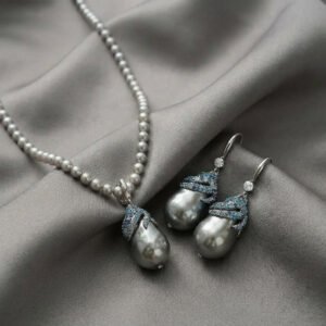 Vintage Luxury Gray Baroque Glass Pearl Necklace & Earring Set