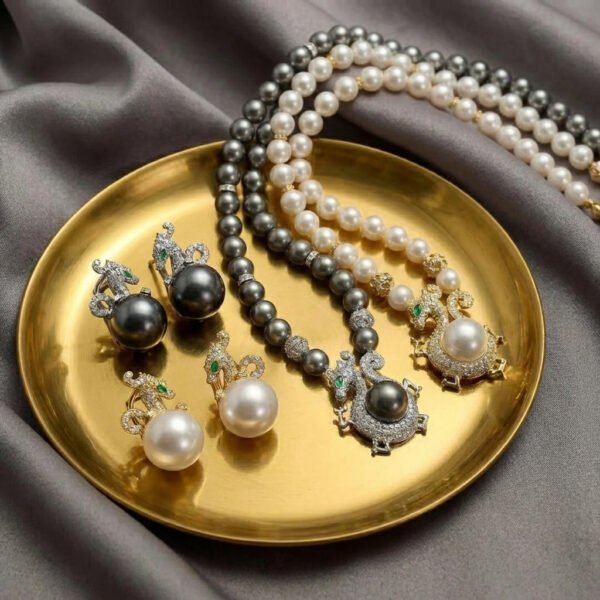 Vintage Eastern Inspired Dragon Pattern Gold & Gray Glass Pearl Set