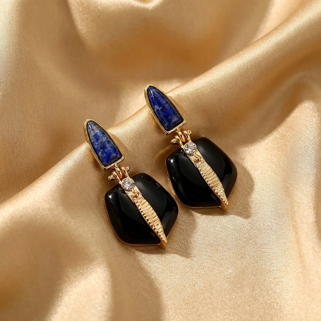 Vintage Unique Design Contrast Glass Pentagon Drop Earrings - Image 2