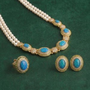 Vintage European Style Blue Amber & Pearl Jewelry Set