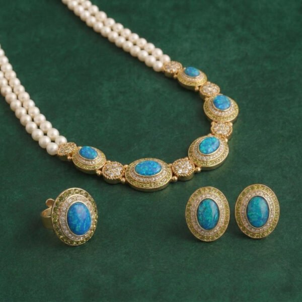 Vintage European Style Blue Amber & Pearl Jewelry Set