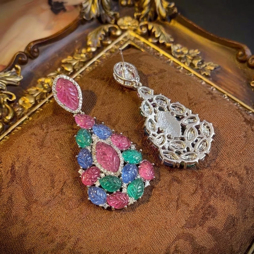 Vintage Palace Style Multi-Stone Carved Leaf Drop Earrings - Image 3