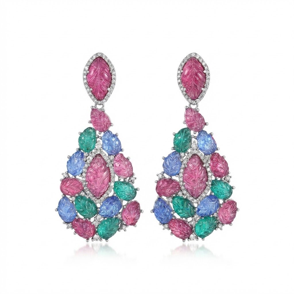 Vintage Palace Style Multi-Stone Carved Leaf Drop Earrings - Image 4