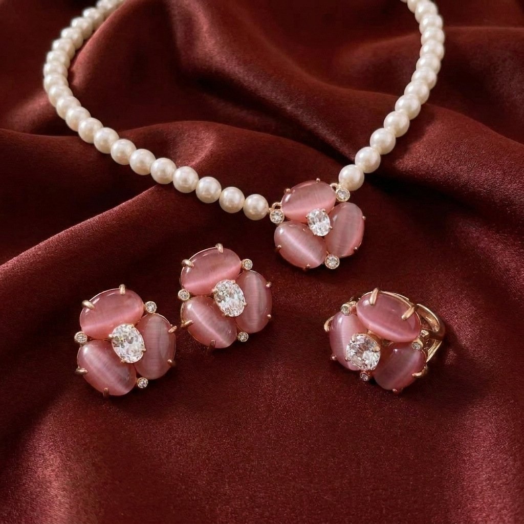 Vintage Soft Sakura Pink Cats Eye & Pearl Jewelry Set
