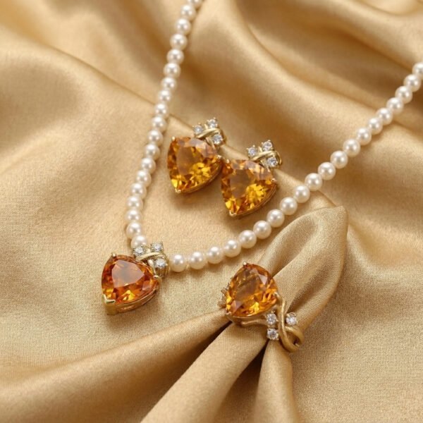 Vintage French Style Champagne Rhinestone & Crystal Pearl Jewelry Set