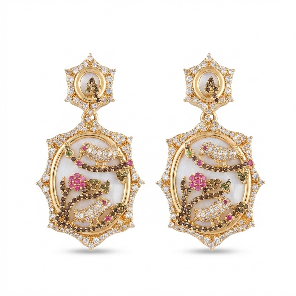 Vintage Unique Design Resin Flower & Bird Drop Earrings - Image 4
