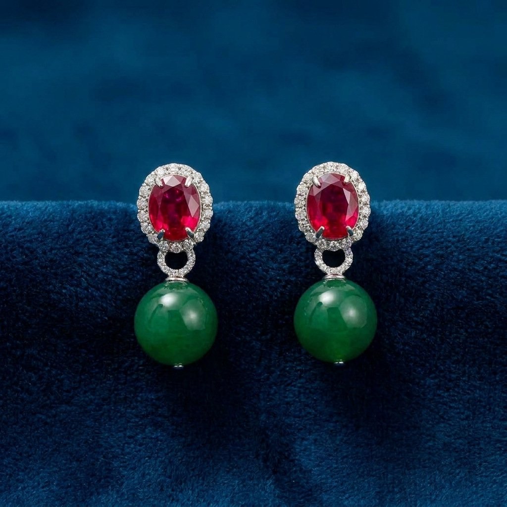 Vintage Eastern Inspired Deep Green Glass & Ruby-Tone Contrast Jewelry Set - Image 3