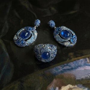 Vintage Ocean Gradient Full Zircon Blue Stone Earring & Ring Set