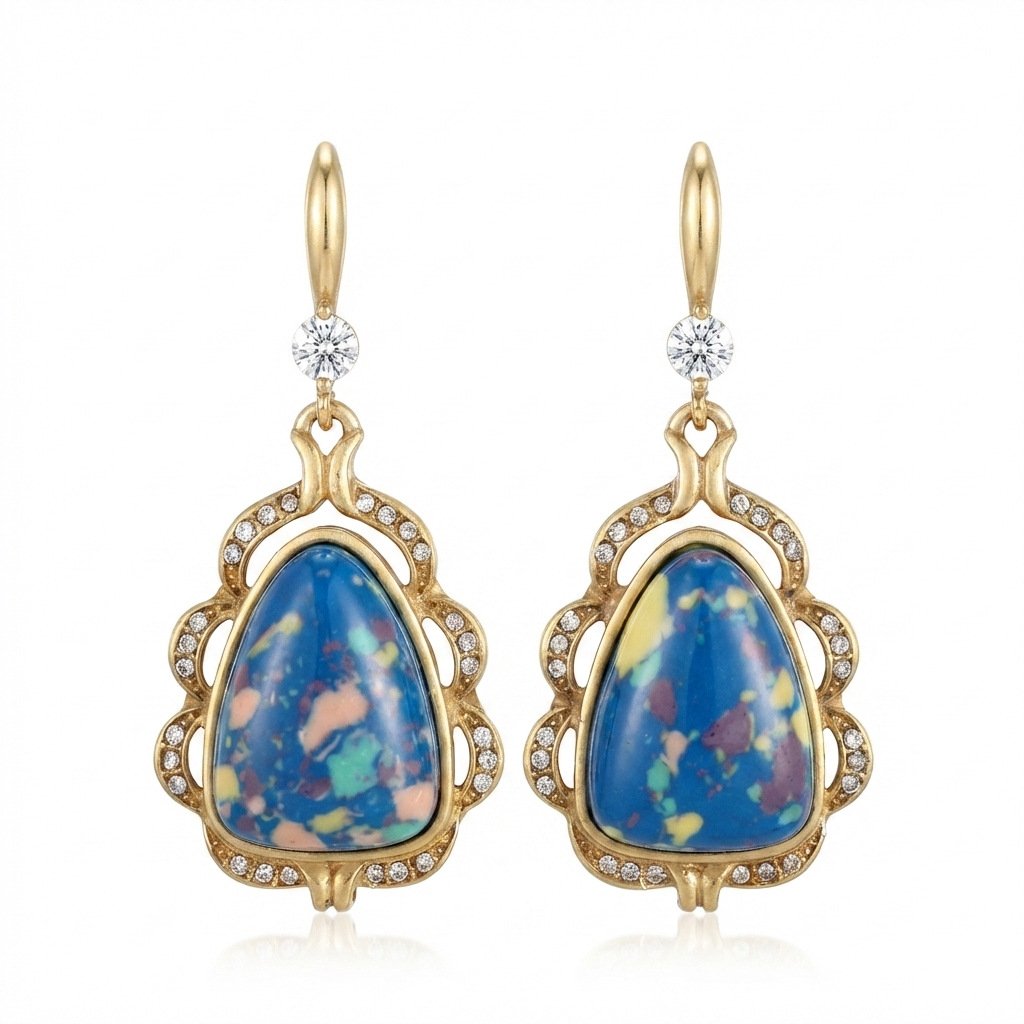 Vintage Palace Style Speckled Blue Stone Drop Earrings - Image 4