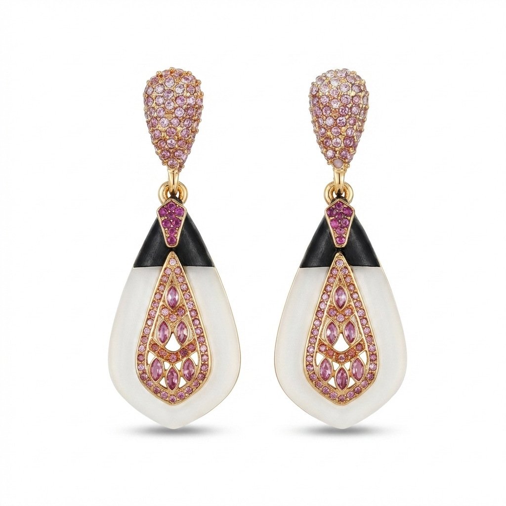 Vintage Palace Style Mother-of-Pearl Pink Stone Teardrop Earrings - Image 4