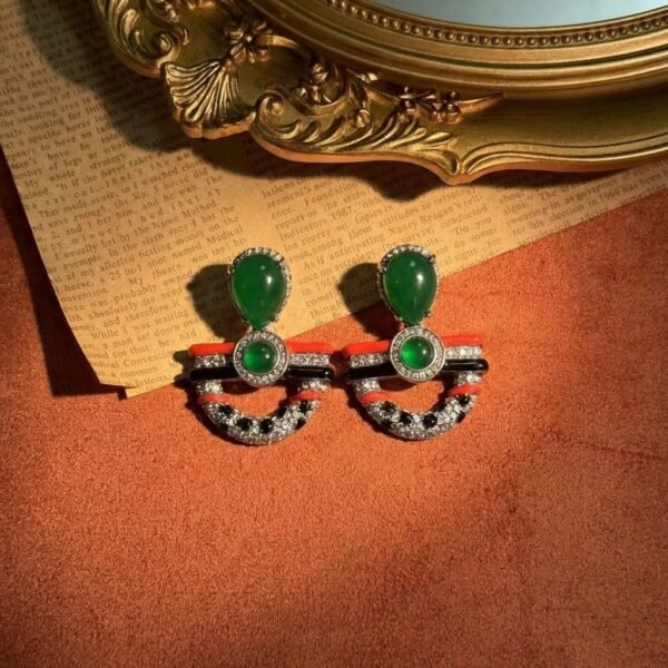 Vintage Unique Design Fan Shape Multi-Stone Glass Drop Earrings