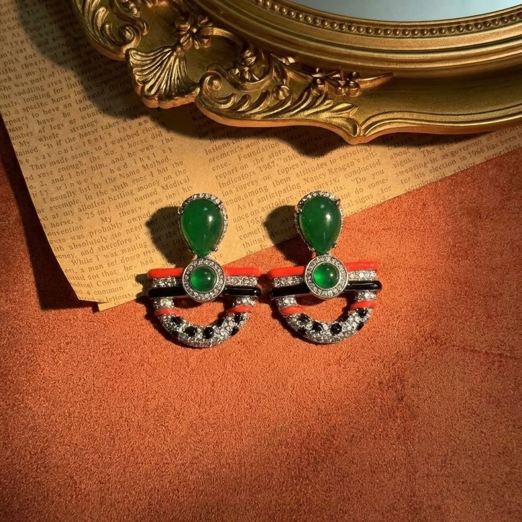 Vintage Unique Design Fan Shape Multi-Stone Glass Drop Earrings