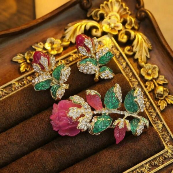Vintage Palace Style Rose Enamel Brooch & Earring Set