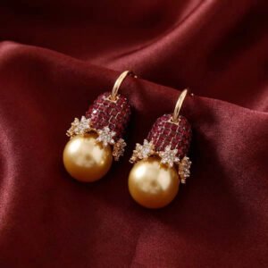 Vintage Unique Design Ruby Glass Pearl Drop Earrings