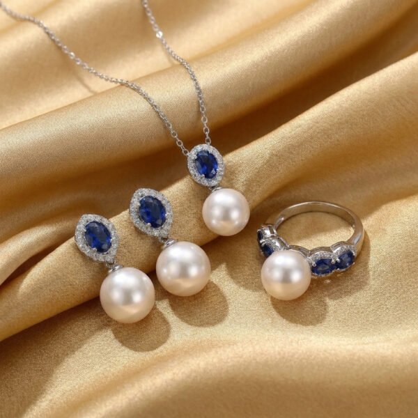 Vintage French Elegant Blue Stone Pearl Necklace, Earring & Ring Set