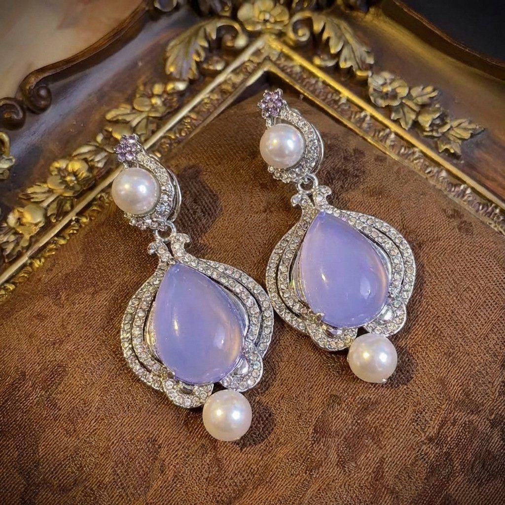 Vintage Vibe Waterdrop Purple Stone Glass Drop Earrings - Image 2