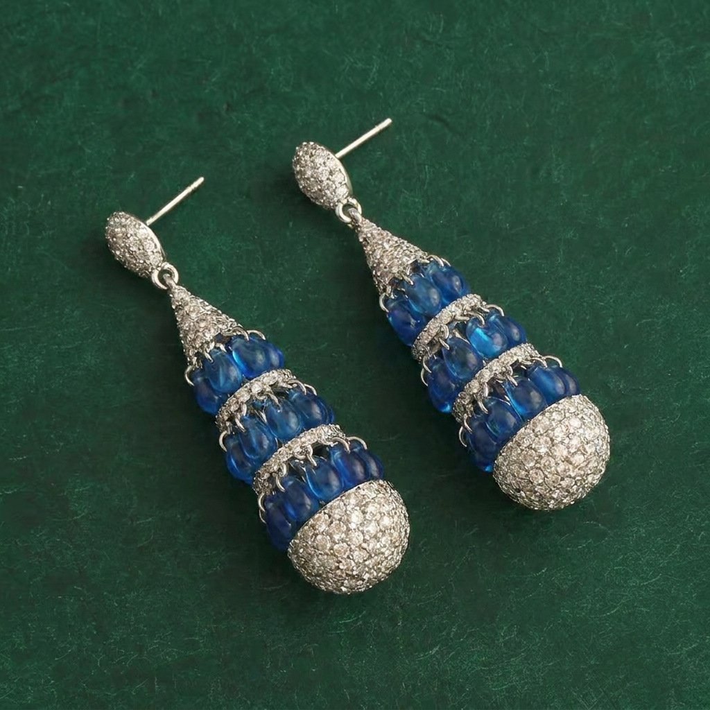 Vintage Heavy-Design Blue Zircon Teardrop Earrings - Image 3