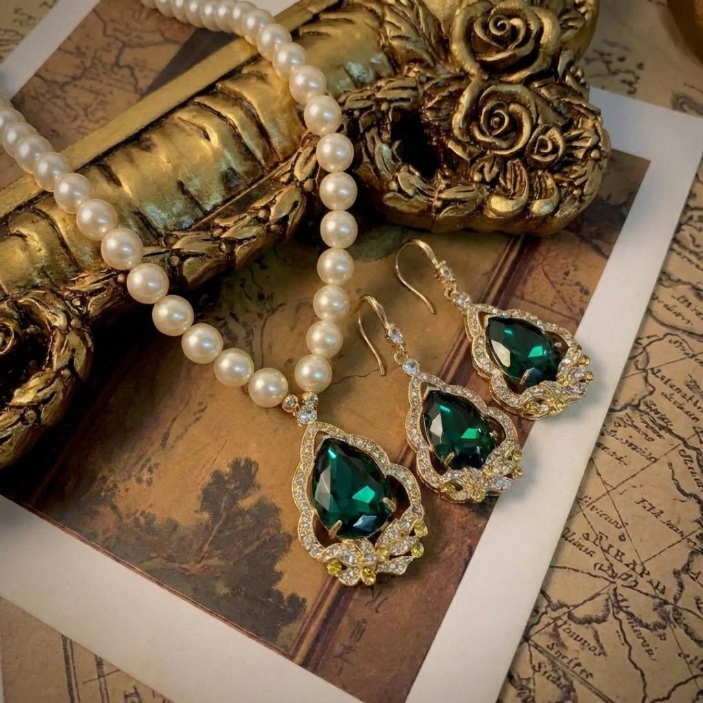 Vintage Eastern Inspired Emerald Green Pearl Necklace & Earring Set - Image 2