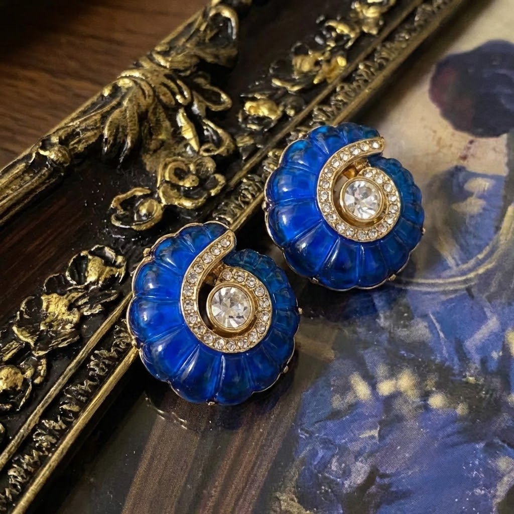 Vintage Palace Style Blue Glass Spiral Stud Earrings - Image 2