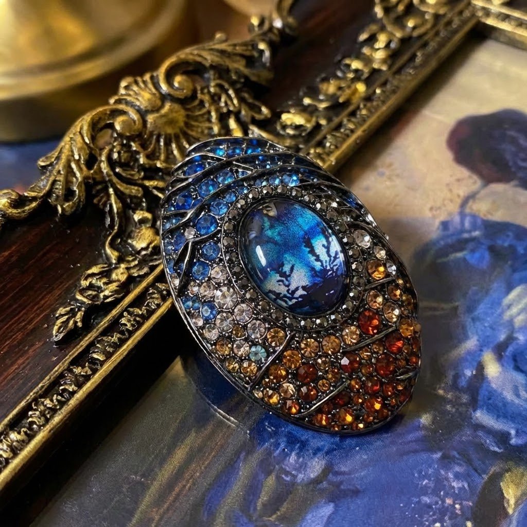 Vintage Unique Design Oval Glass Brooch & Earring Set - Image 4