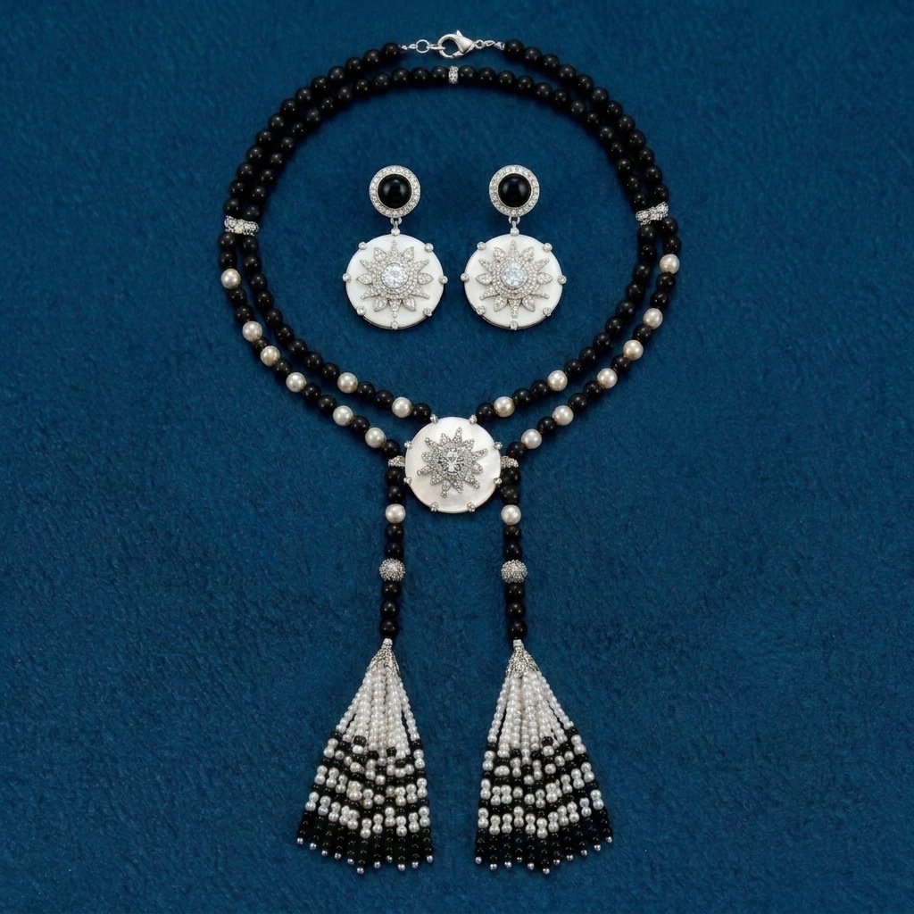 Vintage Hepburn Style Black Bead Tassel Jewelry Set