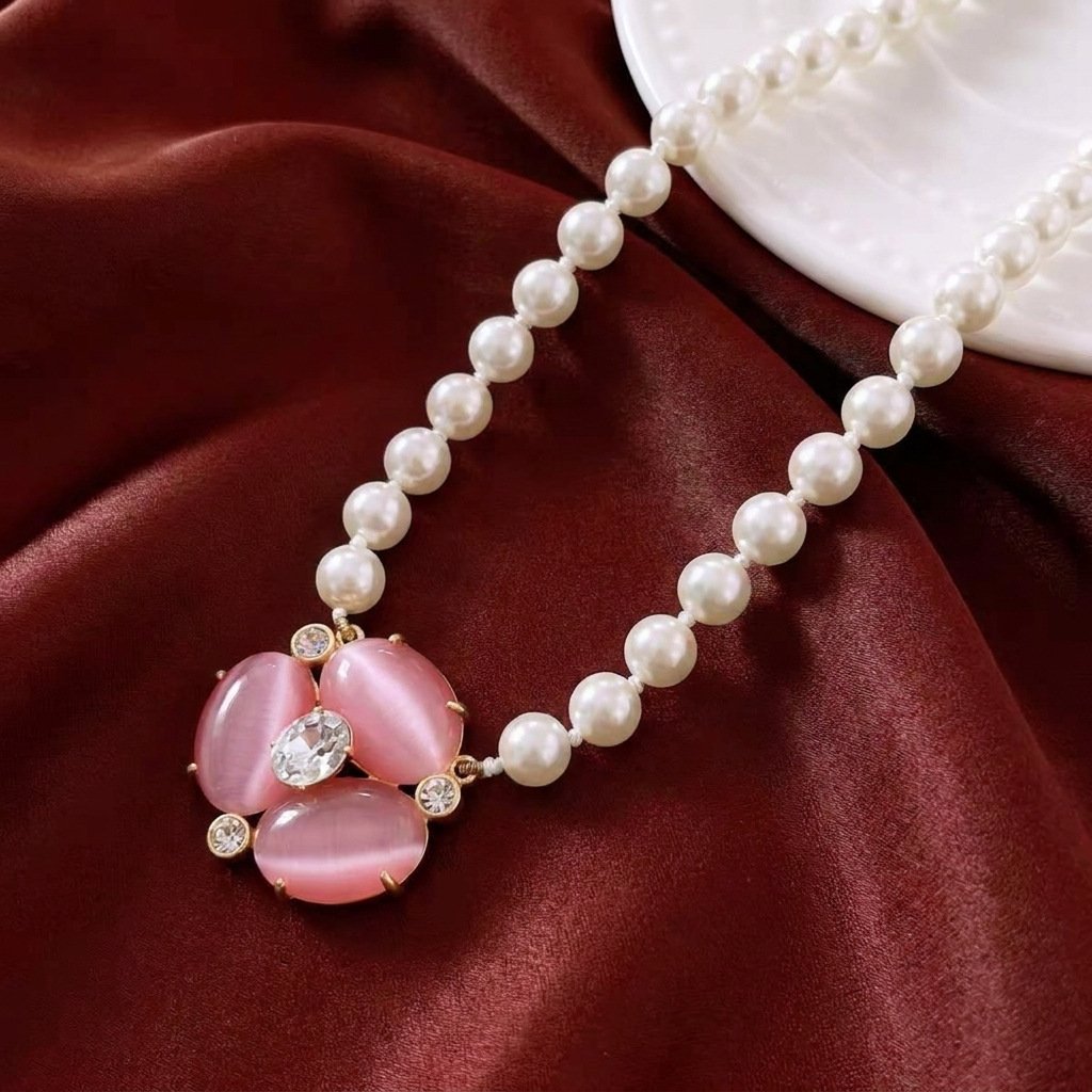 Vintage Soft Sakura Pink Cats Eye & Pearl Jewelry Set - Image 3