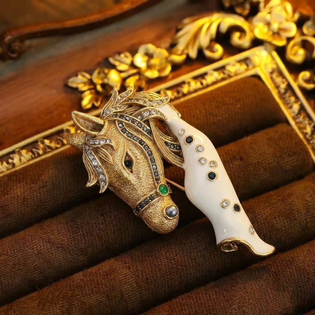 Vintage Animal Year Inspired Palace Style Steed Enamel Brooch - Image 2