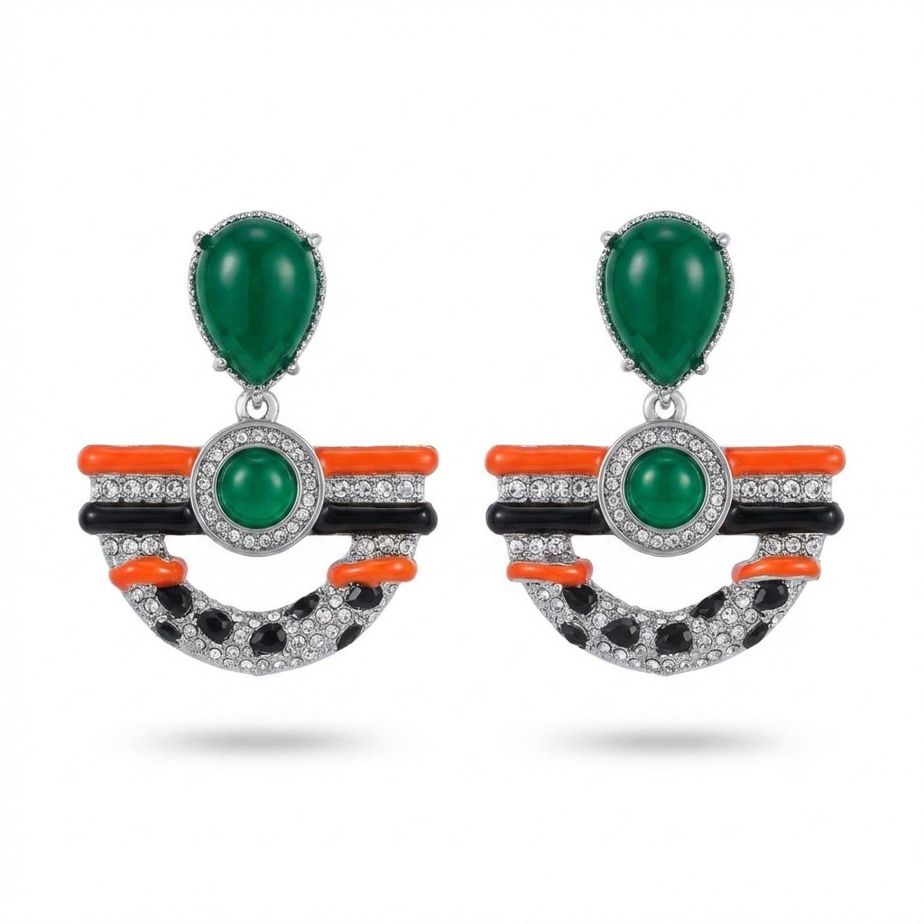 Vintage Unique Design Fan Shape Multi-Stone Glass Drop Earrings - Image 4