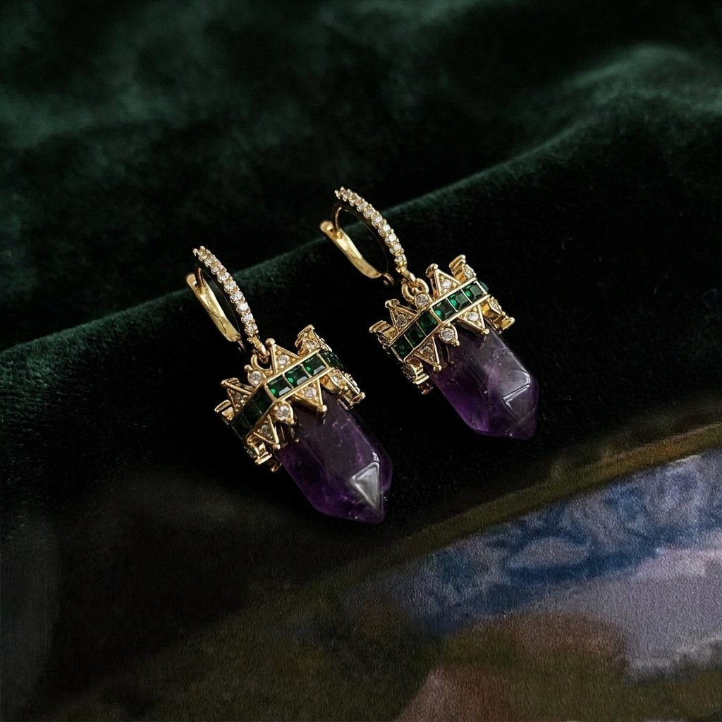 Vintage Vibe Geometric Contrast Amethyst Drop Earrings - Image 3