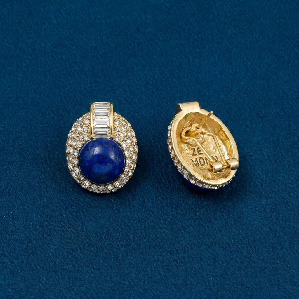 Vintage Lapis Lazuli Full Zircon Earrings - Image 2