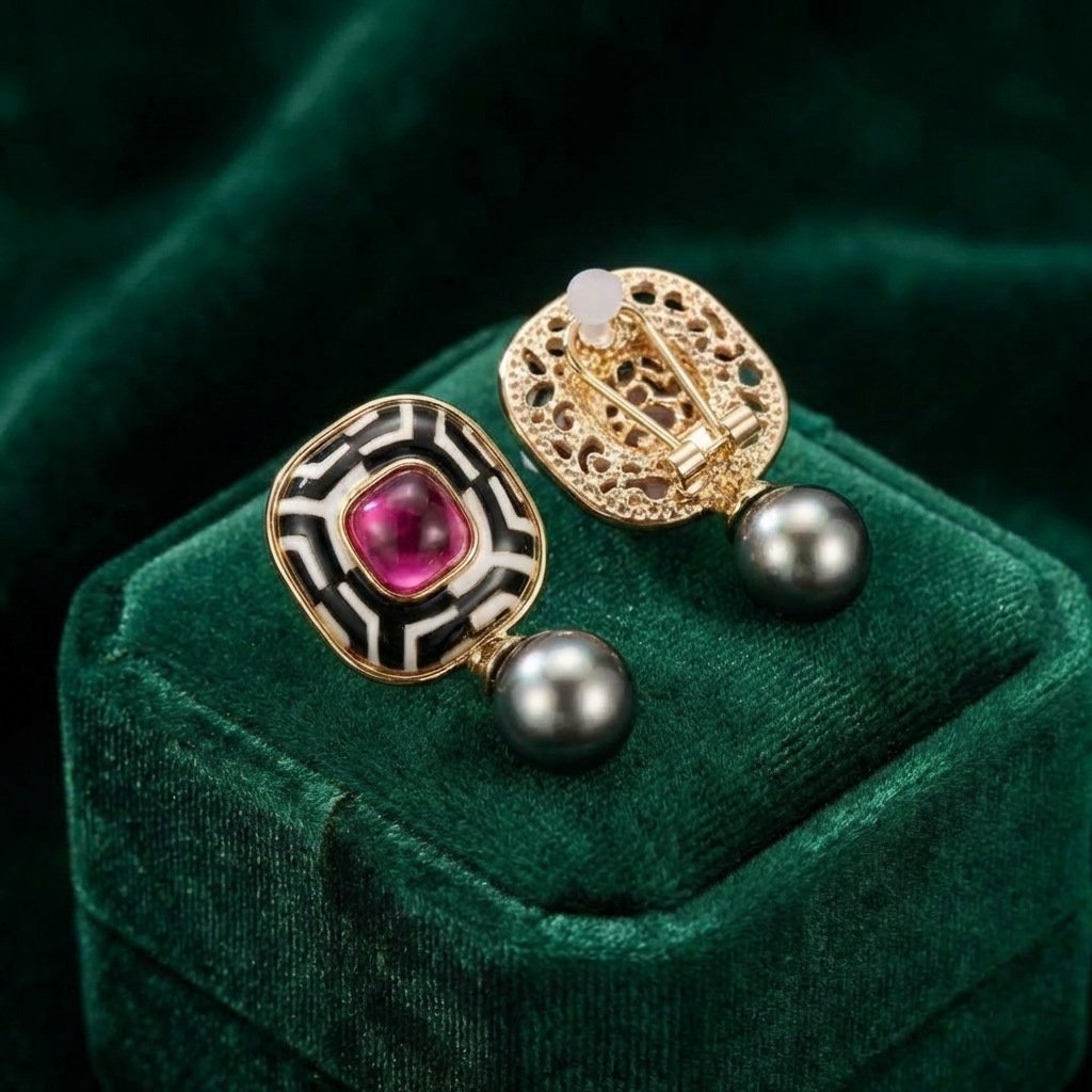 Vintage Palace Style Geometric Enamel Gray Pearl Stud Earrings - Image 3