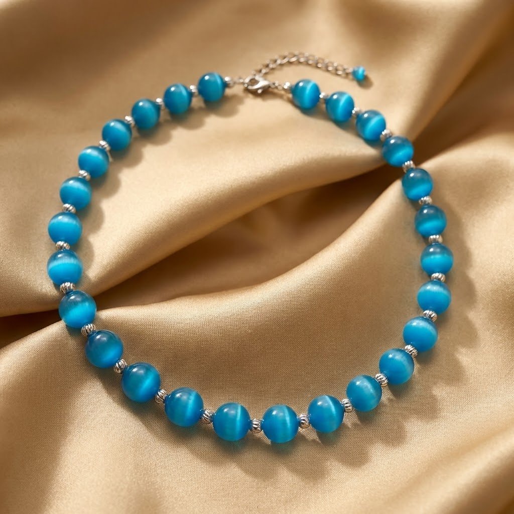 Vintage Luxury Blue Cat??s Eye Necklace & Earring Set - Image 4