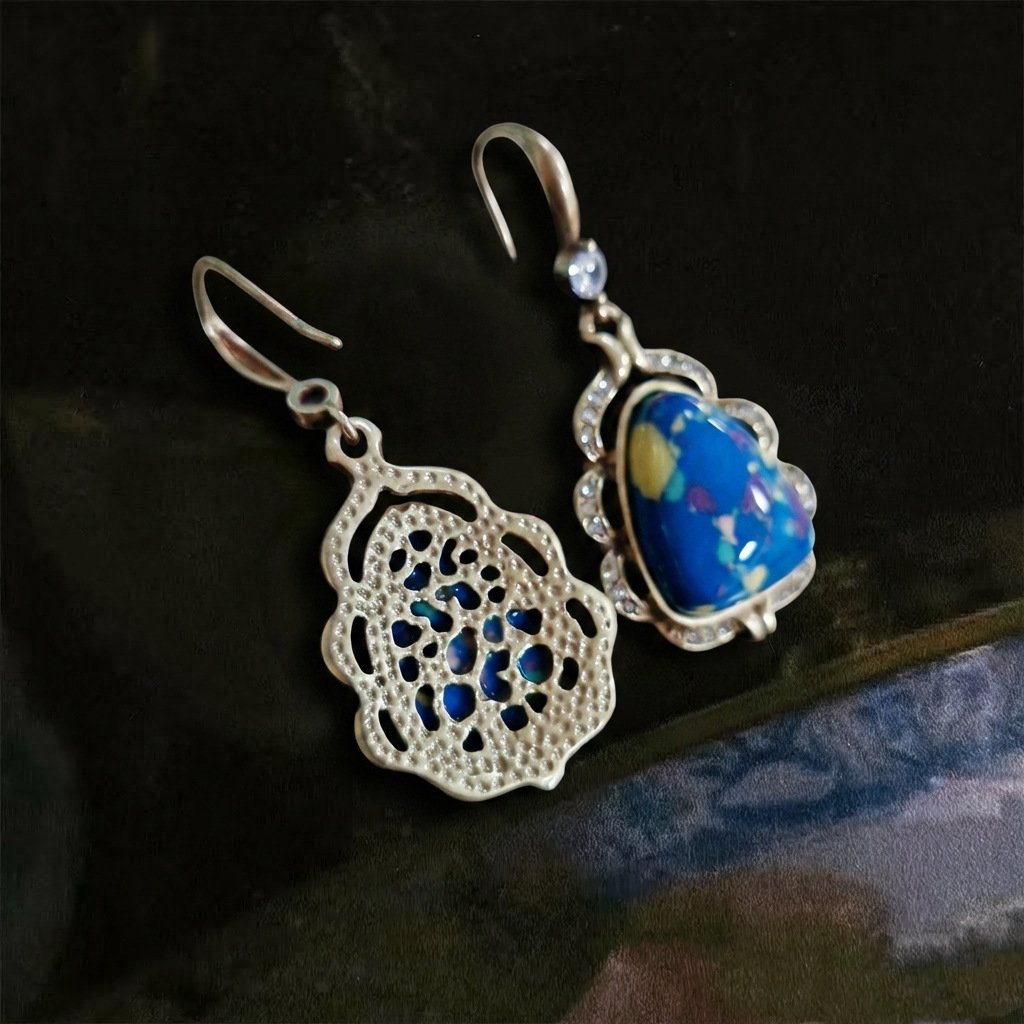 Vintage Palace Style Speckled Blue Stone Drop Earrings - Image 3